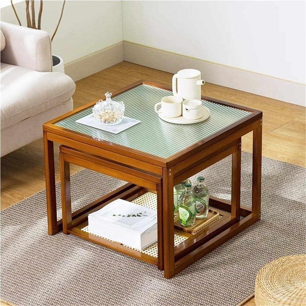 Set of 2 Square Glass Top Rattan Storage Coffee Table C56816