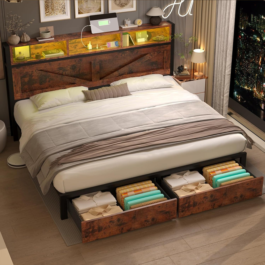 King Bed Frame with Storage Bookcase Headboard & Drawers, Brown U21935