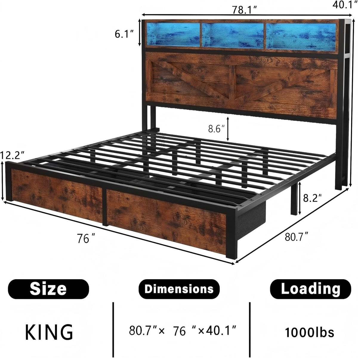 King Bed Frame with Storage Bookcase Headboard & Drawers, Brown U21935