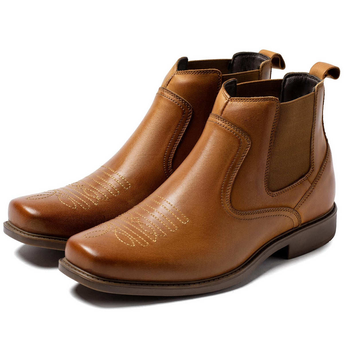 Cowboy Boots for Men Square Toe Leather Ankle Western Chelsea Slip On Boots O685