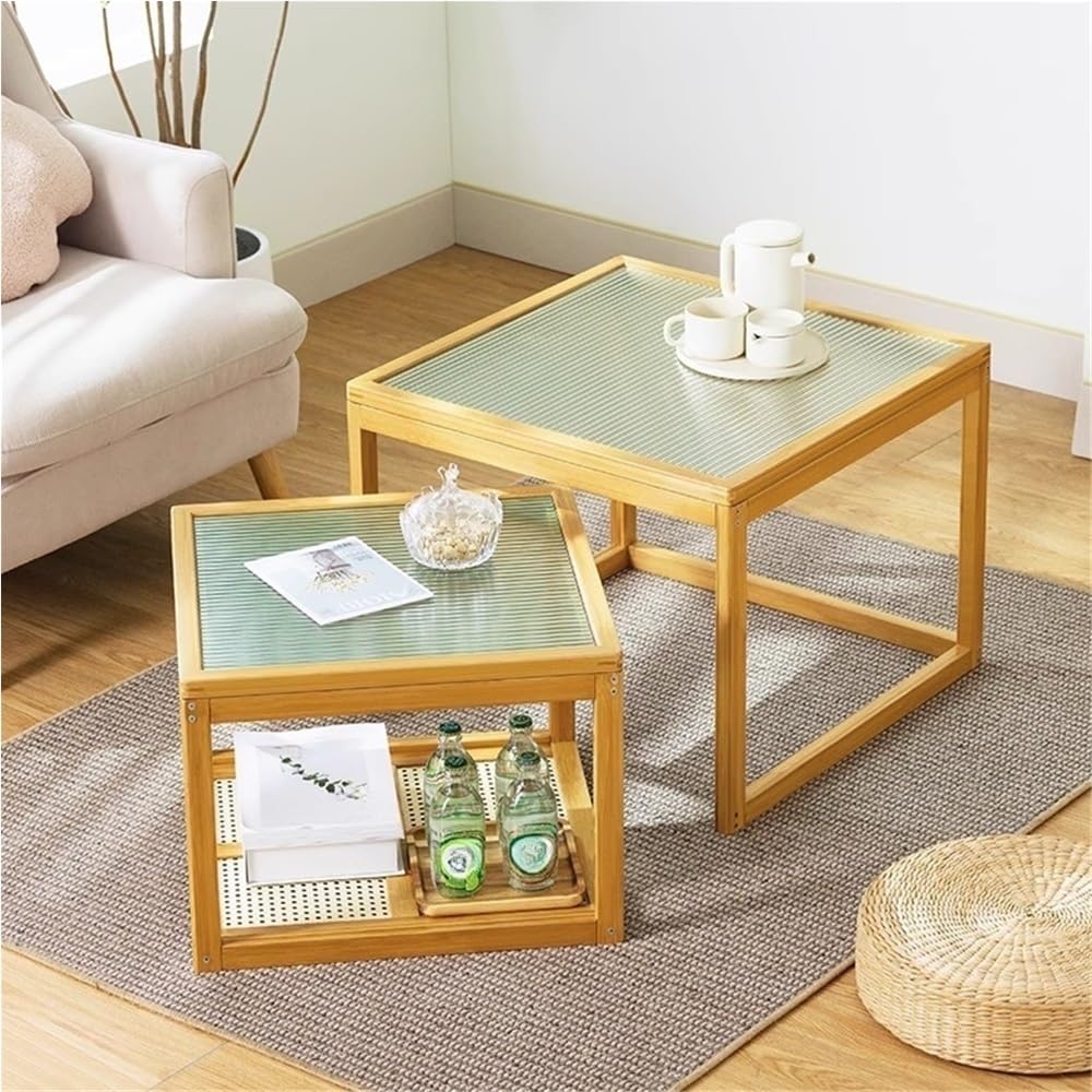 Set of 2 Square Glass Top Rattan Storage Coffee Table C56816