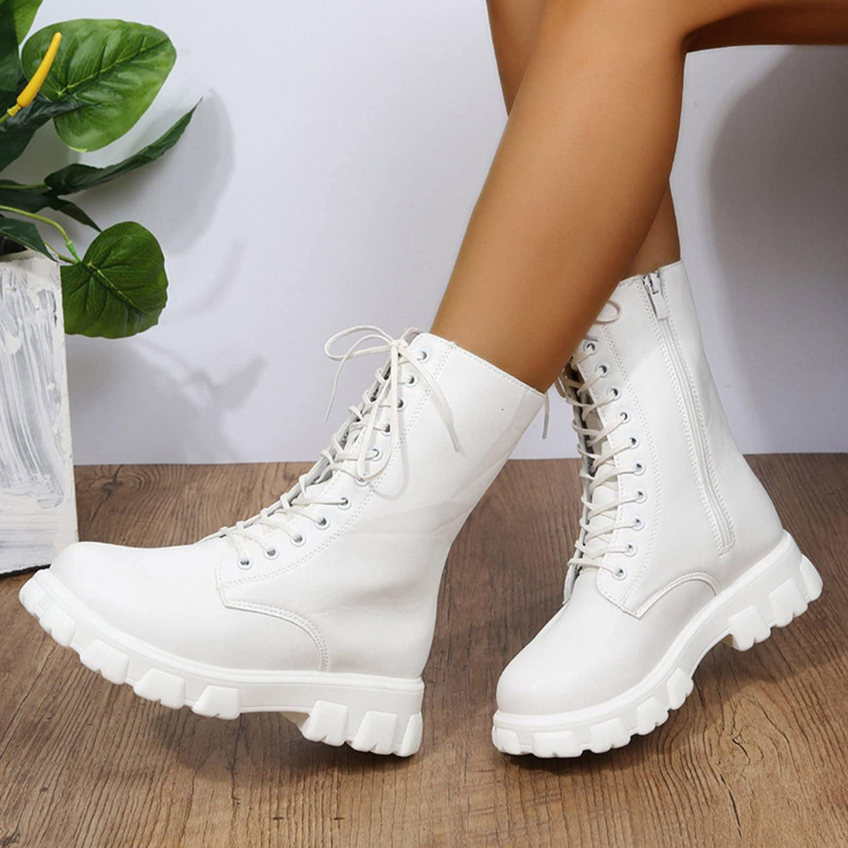 Women's Lace Up Chunky Mid Calf Boots X312484