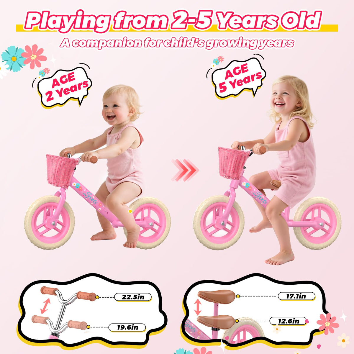 Toddler Balance Bike with Fender, Adjustable Seat/Handlebar, Flat-Free LED Tires N360610