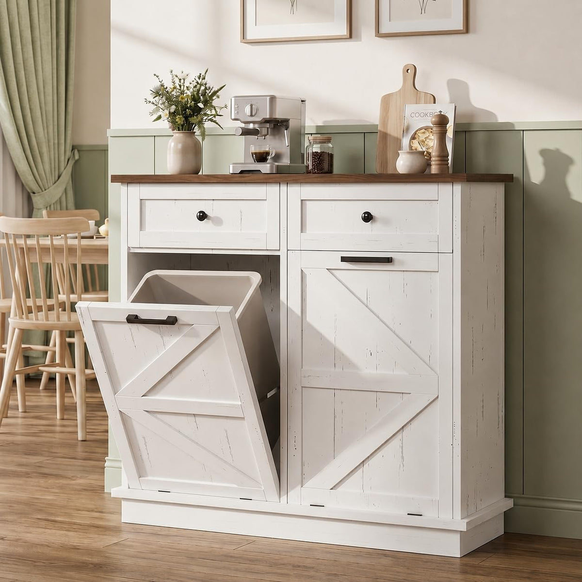 White Double Tilt Out Trash Can Cabinet with 2 Drawers U94547