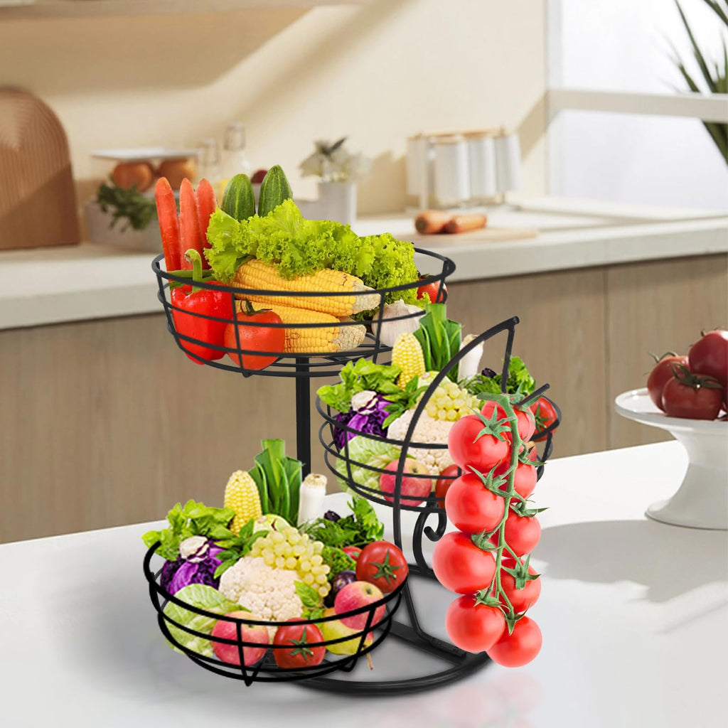 Fruit Basket Bowl with Banana Hanger, 3-Tier Metal Base Q989782