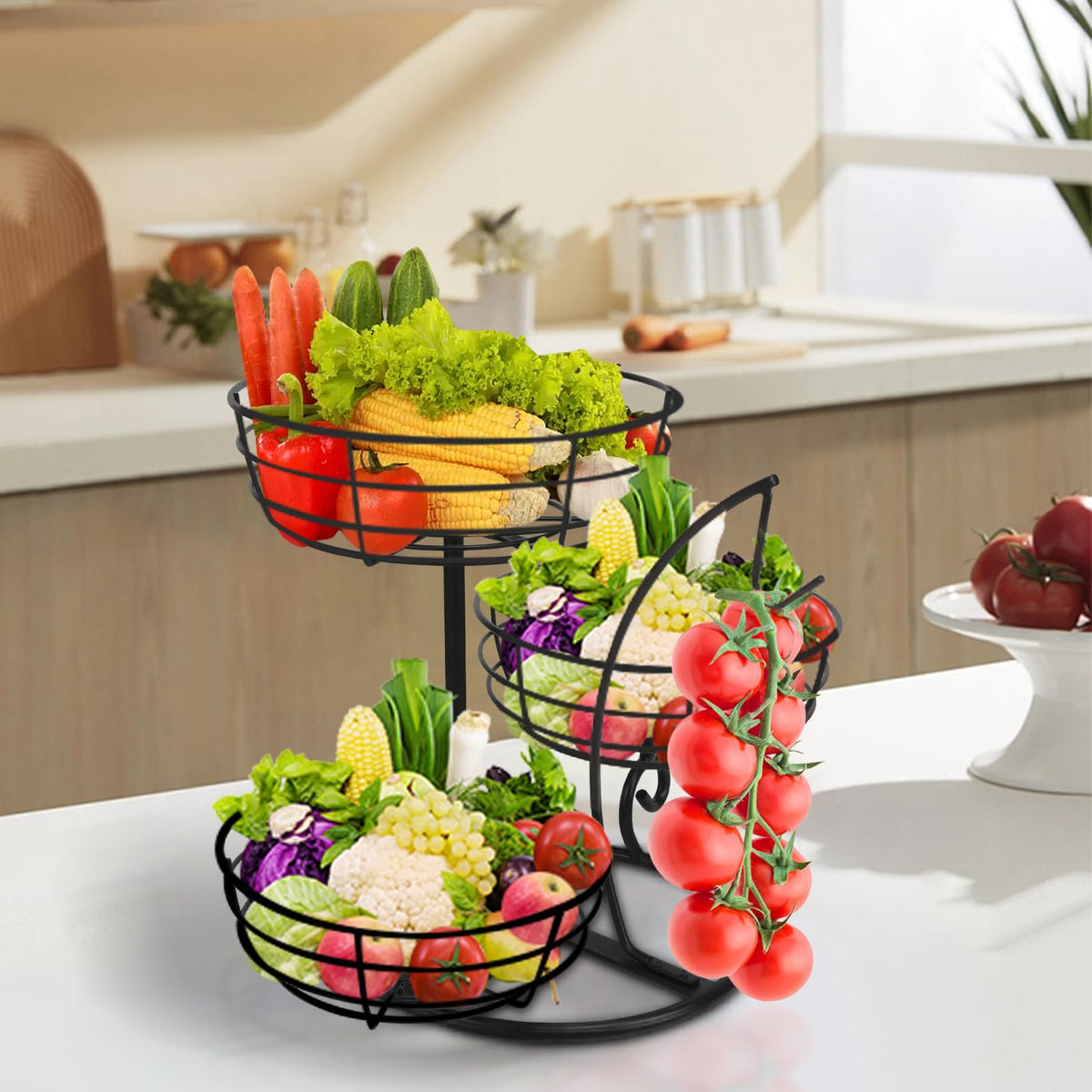Fruit Basket Bowl with Banana Hanger, 3-Tier Metal Base Q989782