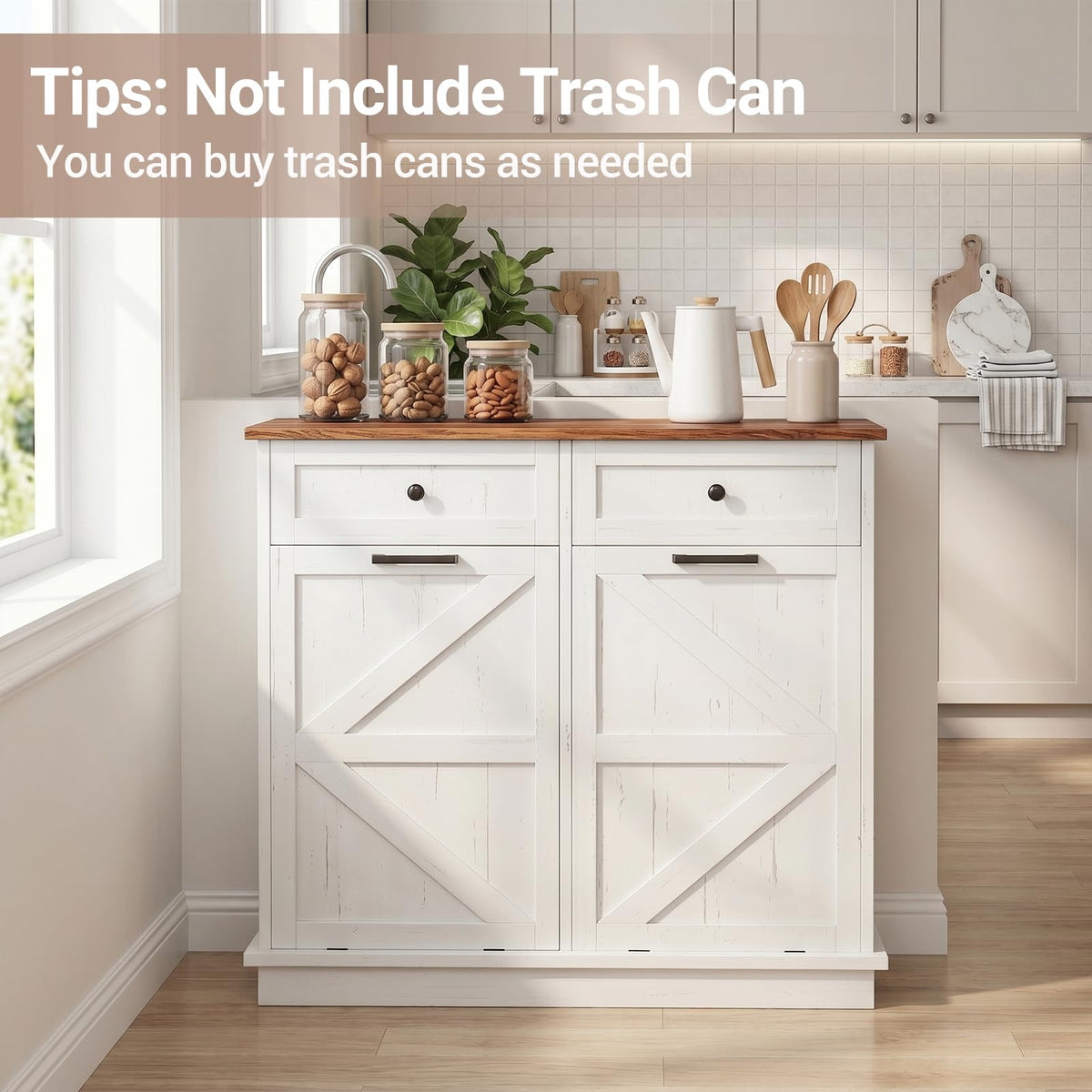 White Double Tilt Out Trash Can Cabinet with 2 Drawers U94547
