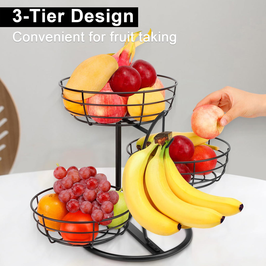 Fruit Basket Bowl with Banana Hanger, 3-Tier Metal Base Q989782