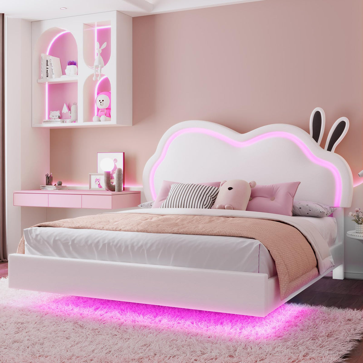 White Full Floating Bed Frame with Adjustable Headboard Q6730