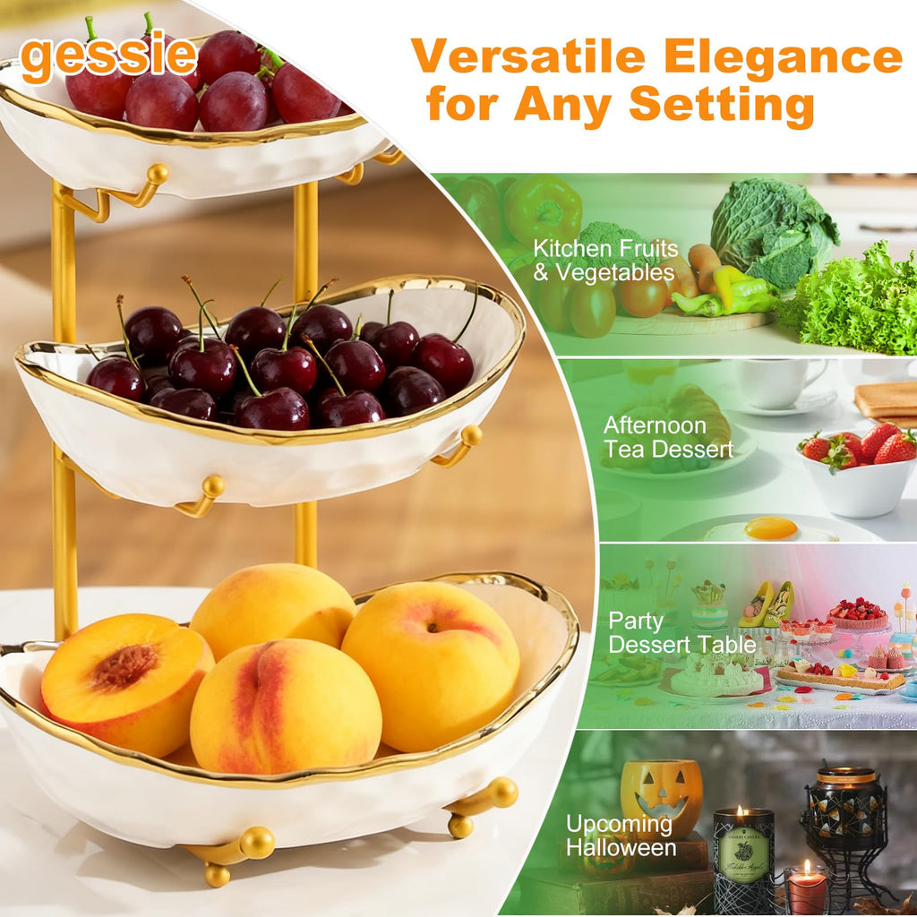 3 Tier Ceramic Fruit Bowl with Gold Metal Stand X73158