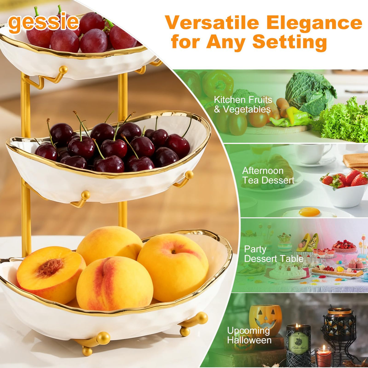 3 Tier Ceramic Fruit Bowl with Gold Metal Stand X73158