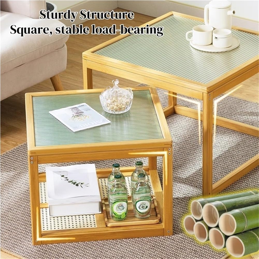 Set of 2 Square Glass Top Rattan Storage Coffee Table C56816