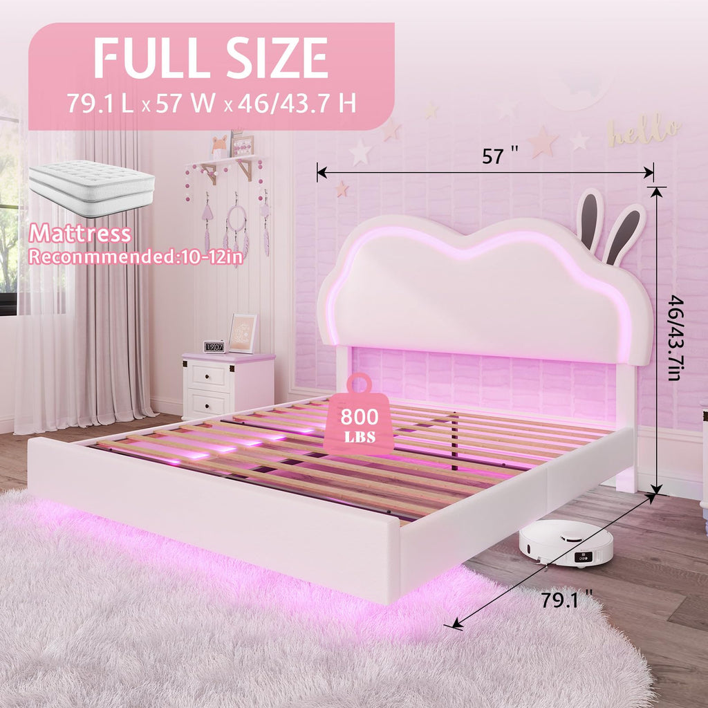 White Full Floating Bed Frame with Adjustable Headboard Q6730