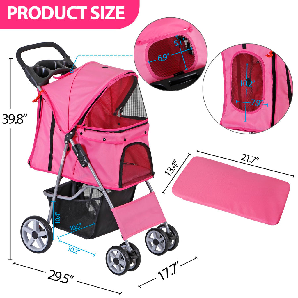 4 Wheels Folding Dog Stroller with Storage Basket, Pink V957