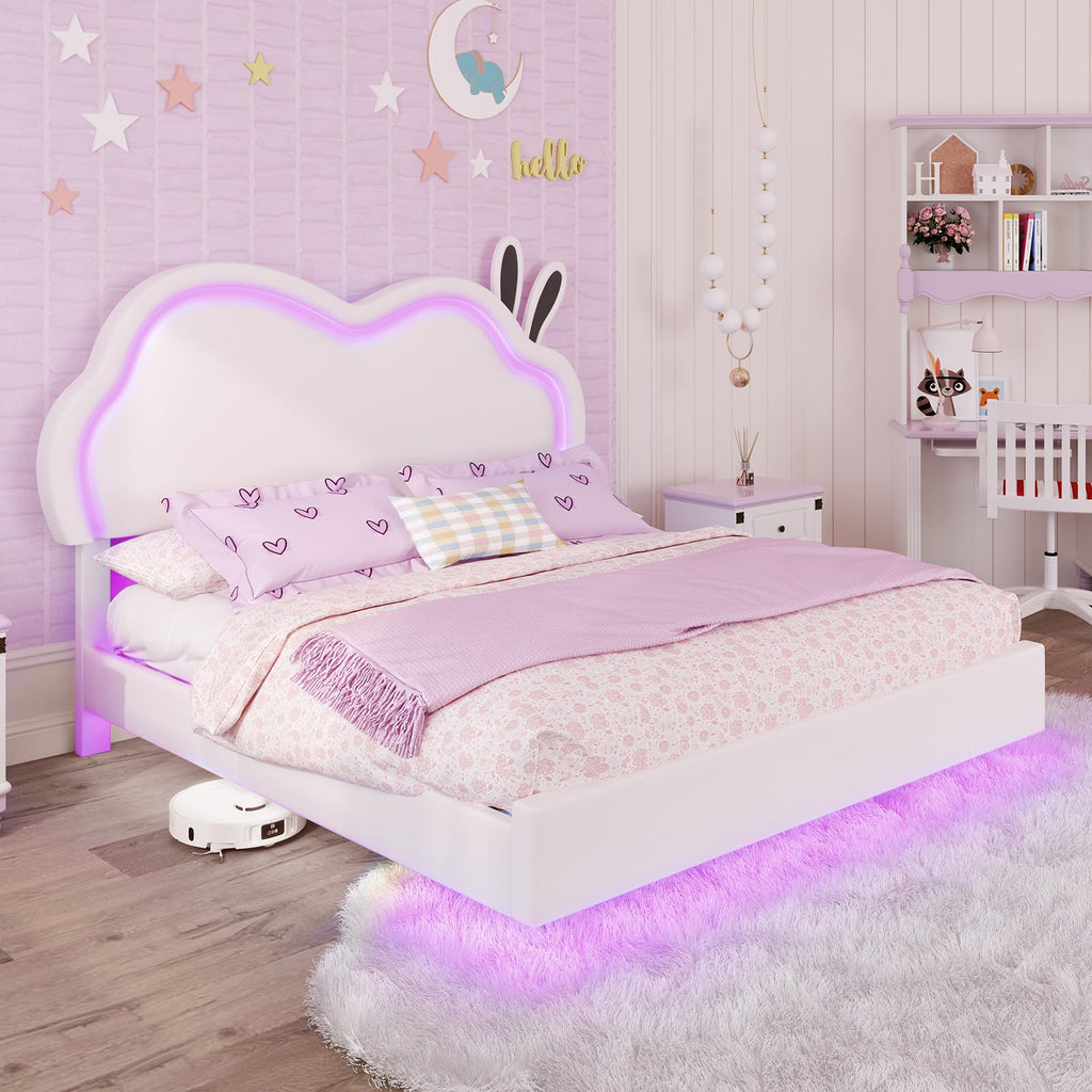 White Full Floating Bed Frame with Adjustable Headboard Q6730