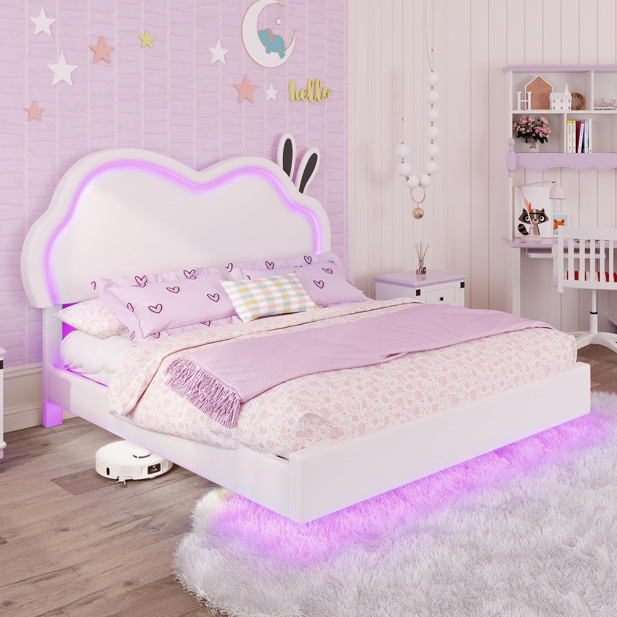 White Full Floating Bed Frame with Adjustable Headboard Q6730