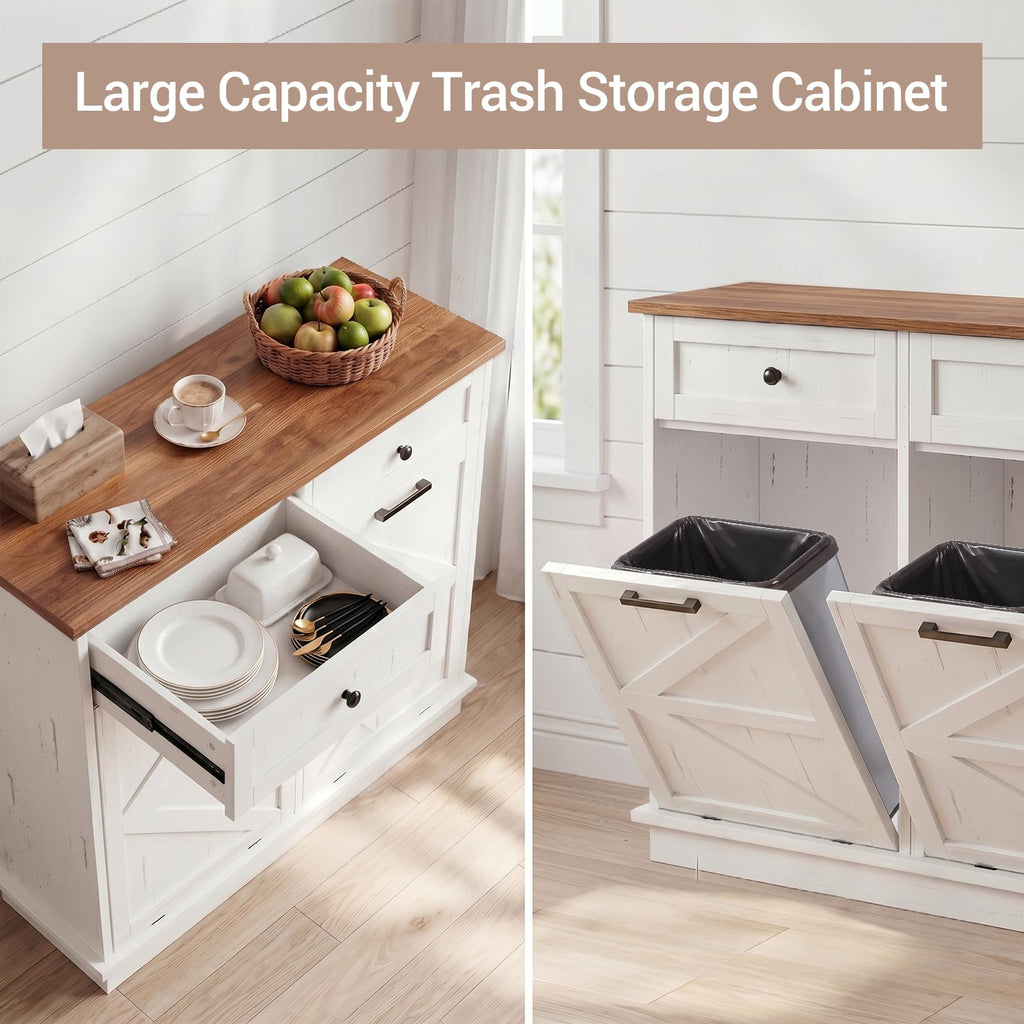 White Double Tilt Out Trash Can Cabinet with 2 Drawers U94547