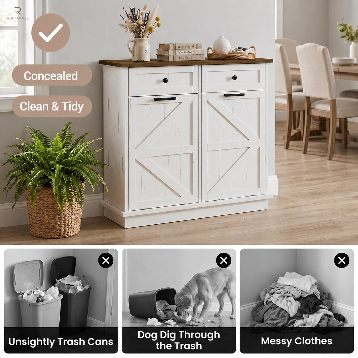 White Double Tilt Out Trash Can Cabinet with 2 Drawers U94547