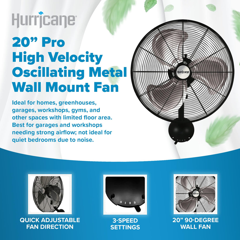 Black 20in 3 Speed Oscillating Wall Fan H44566