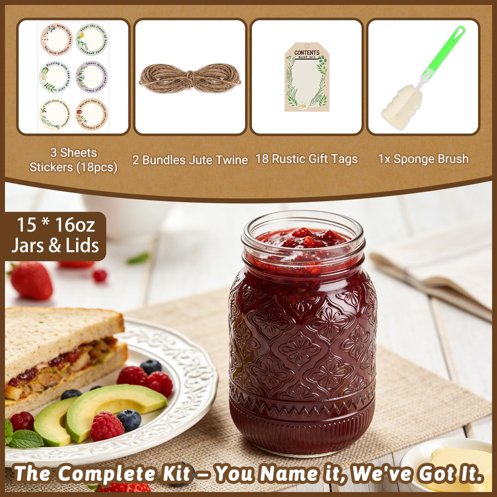 16oz Embossed Mason Jars 15-Pack with Airtight Lids X12609