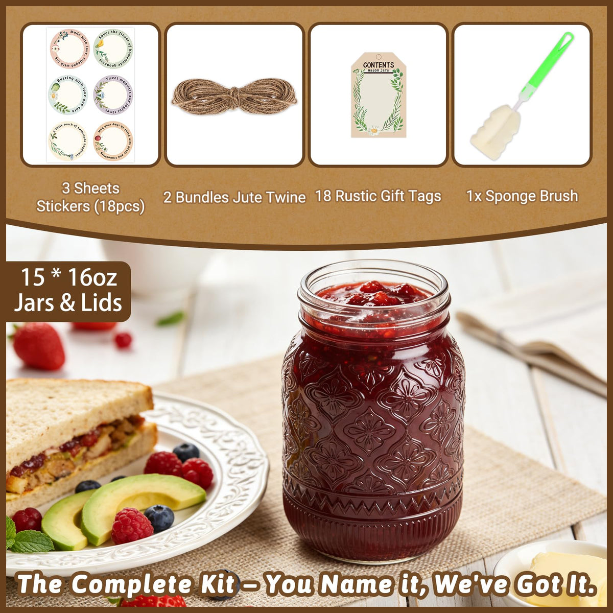 16oz Embossed Mason Jars 15-Pack with Airtight Lids X12609