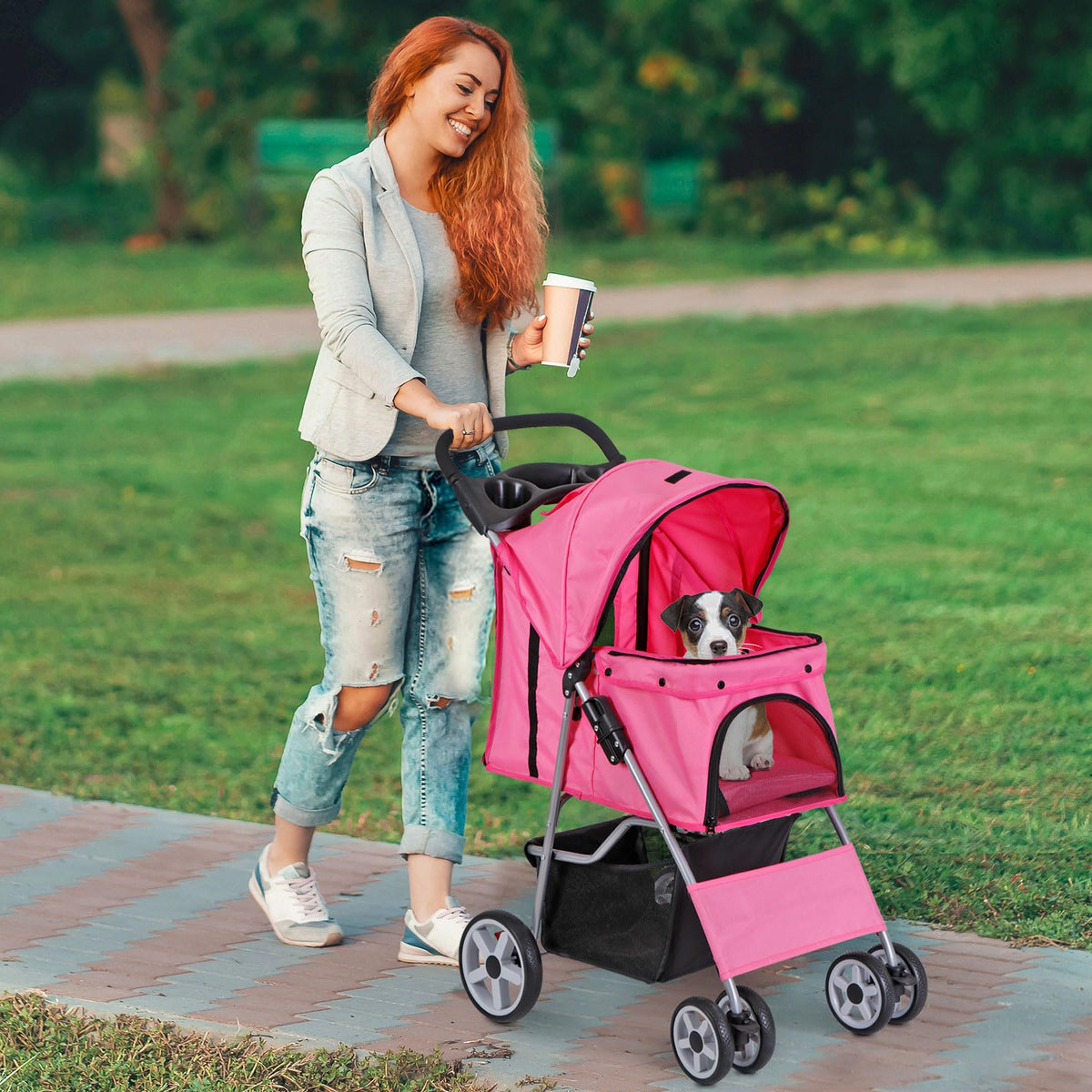4 Wheels Folding Dog Stroller with Storage Basket, Pink V957