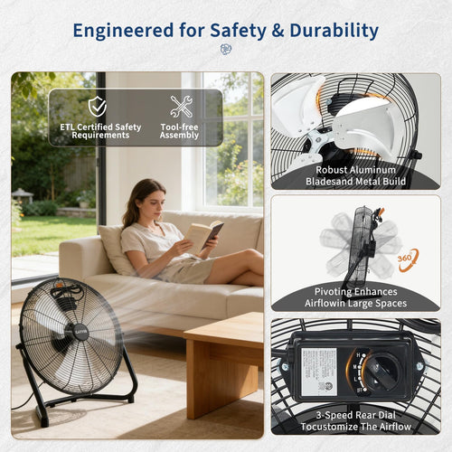 20" High Velocity Floor Fan, 4800 CFM Heavy Duty Industrial Metal Fan with 3 Speeds D1039