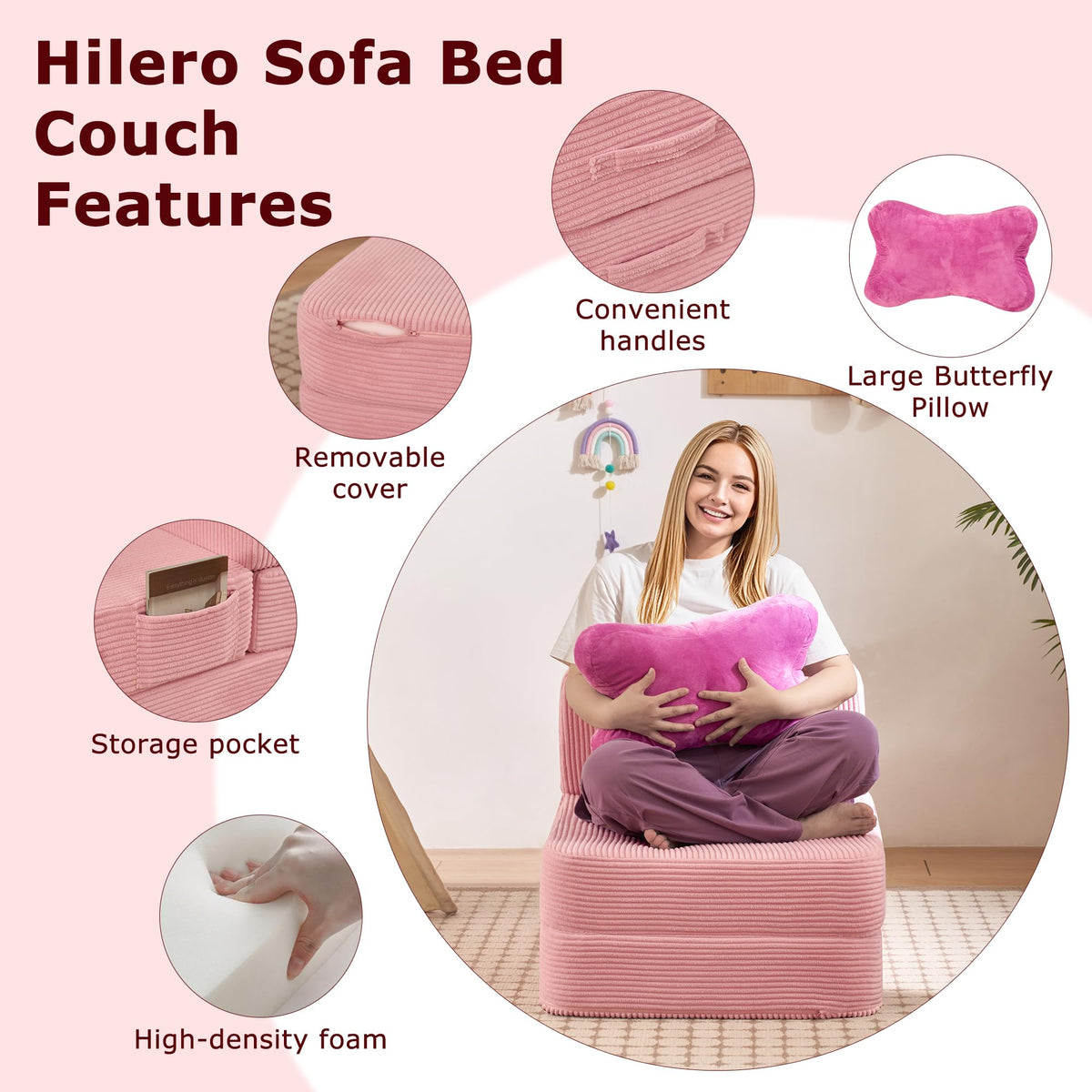 Pink Folding Convertible Sofa Bed M1312