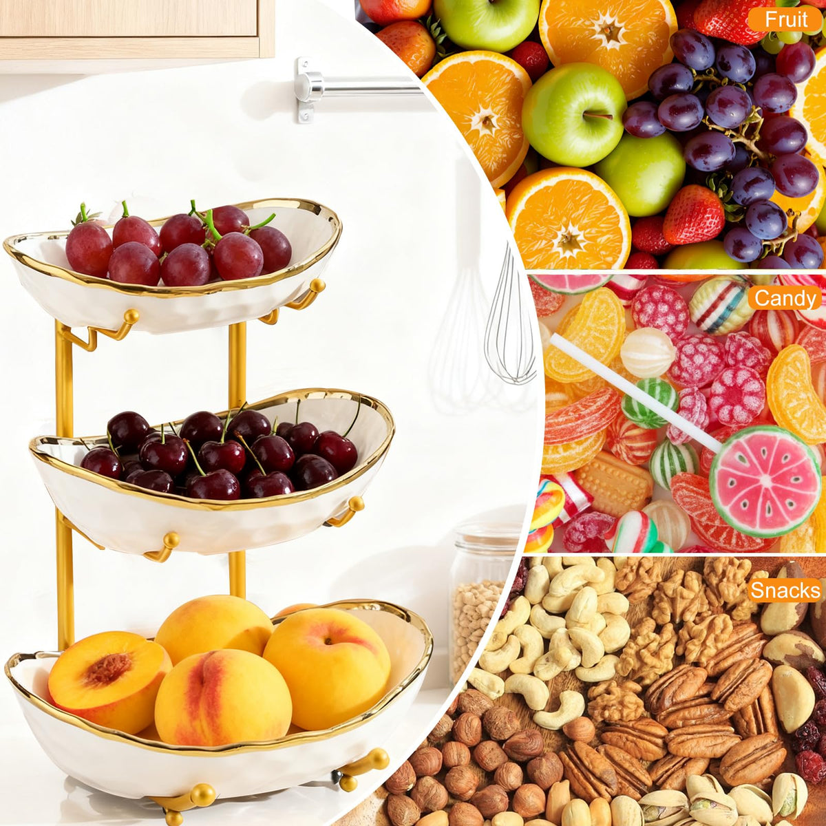 3 Tier Ceramic Fruit Bowl with Gold Metal Stand X73158