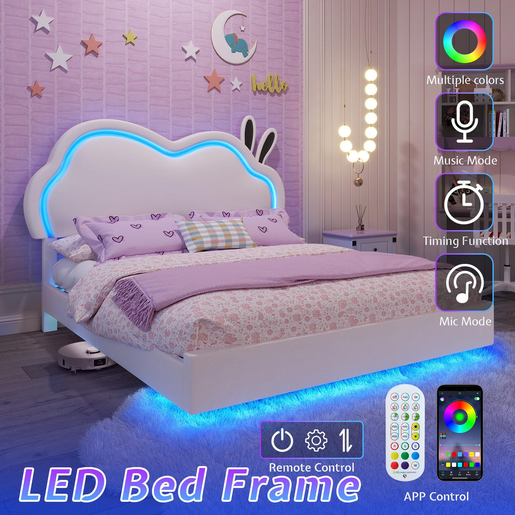 White Full Floating Bed Frame with Adjustable Headboard Q6730