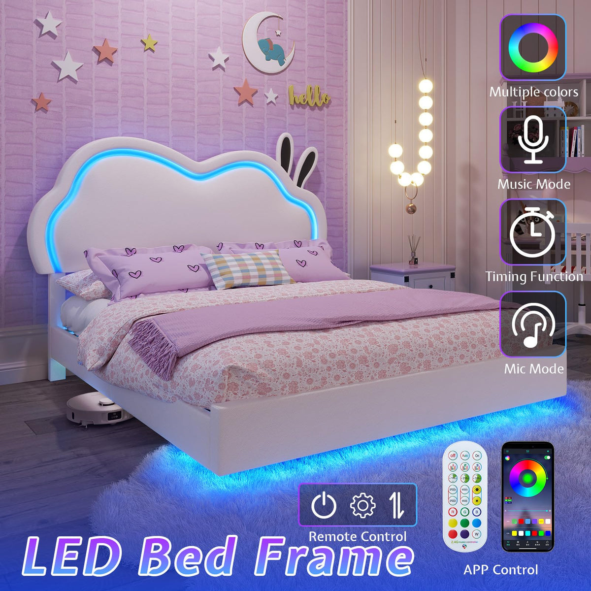White Full Floating Bed Frame with Adjustable Headboard Q6730