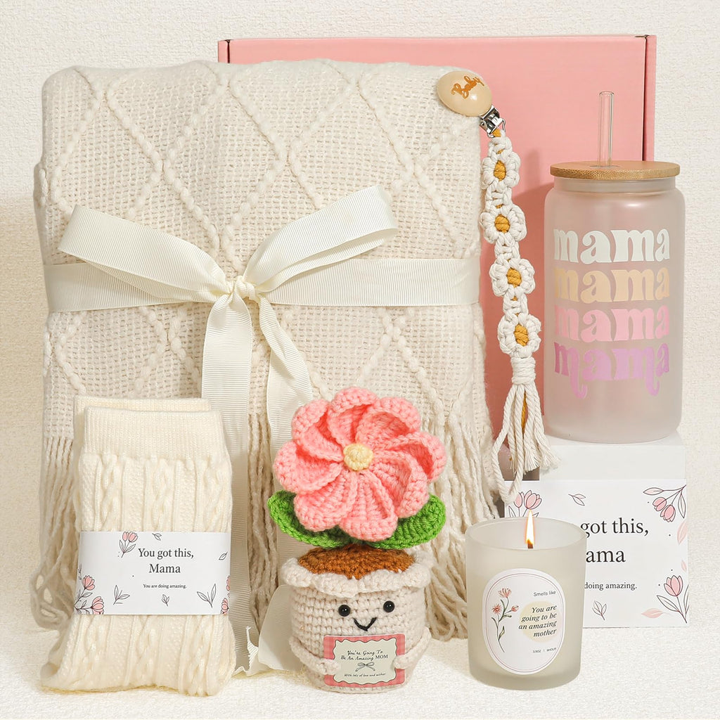 Mom Gift Basket with Blanket, Glass Cup, Candle, Socks & Crochet Flower T893