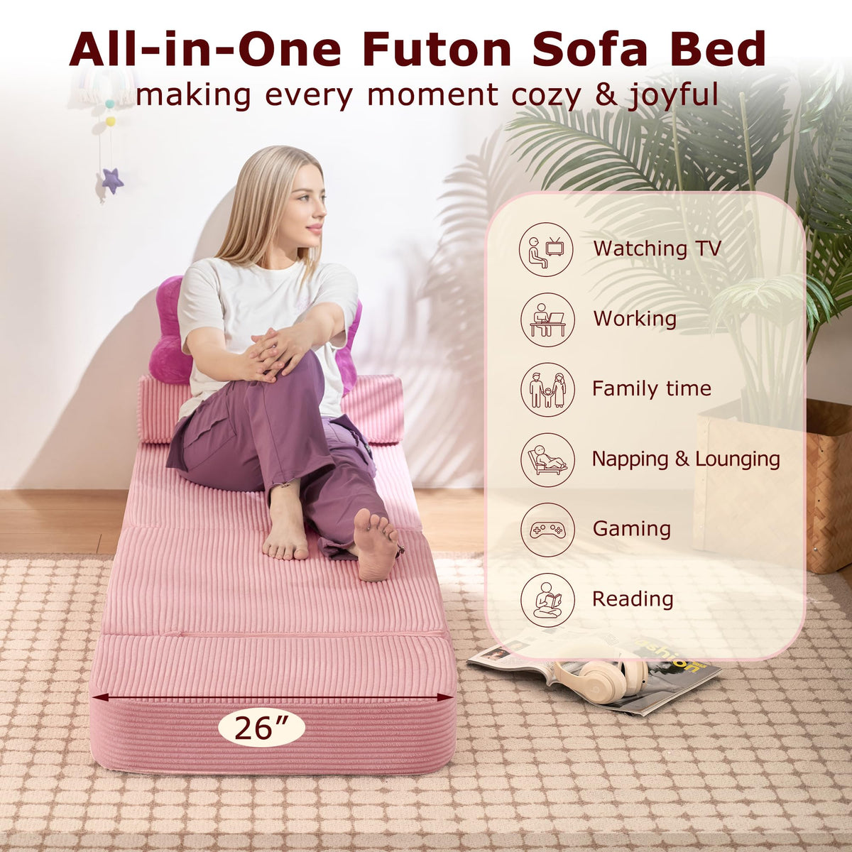 Pink Folding Convertible Sofa Bed M1312