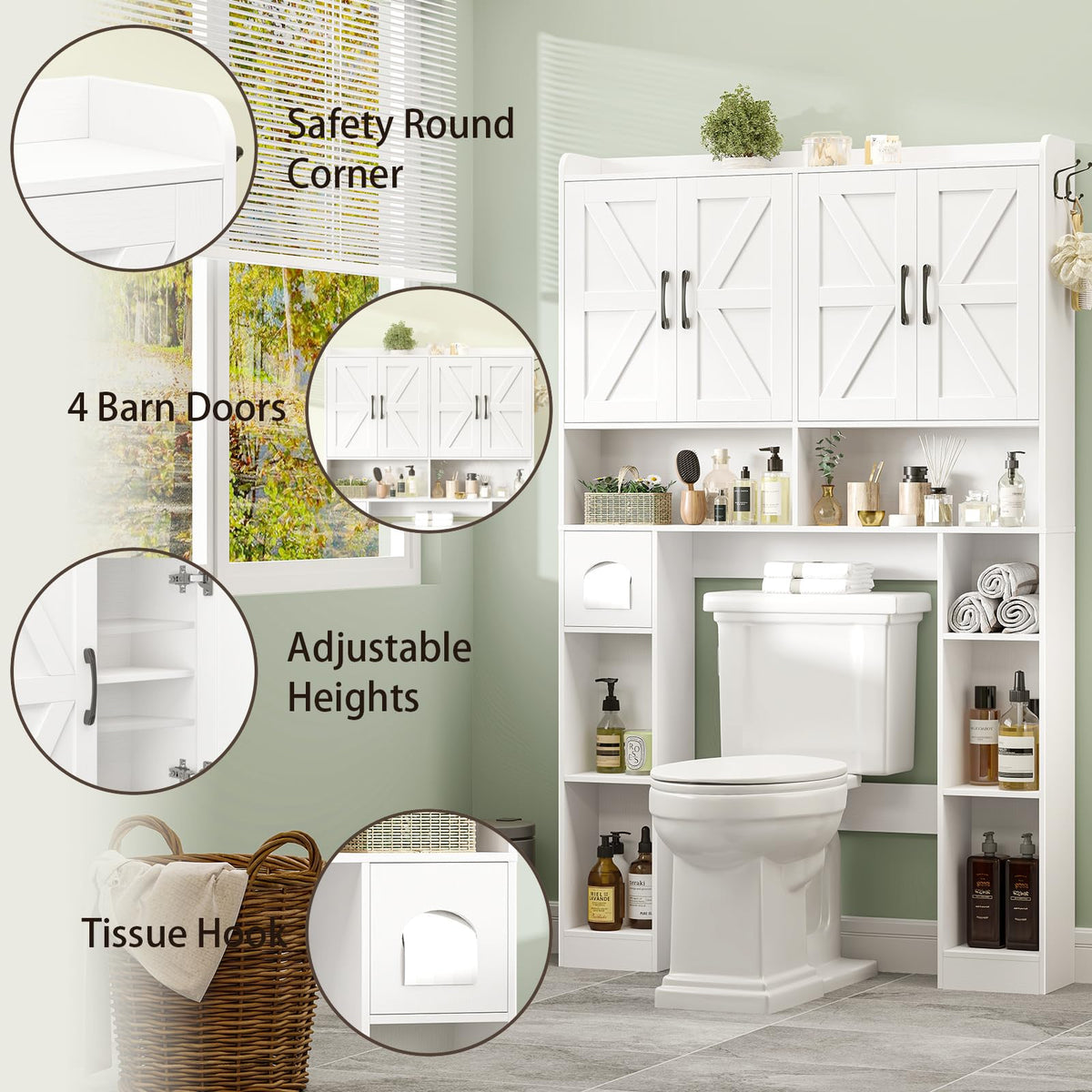 White Over The Toilet Storage Cabinet with 4 Doors Q98482