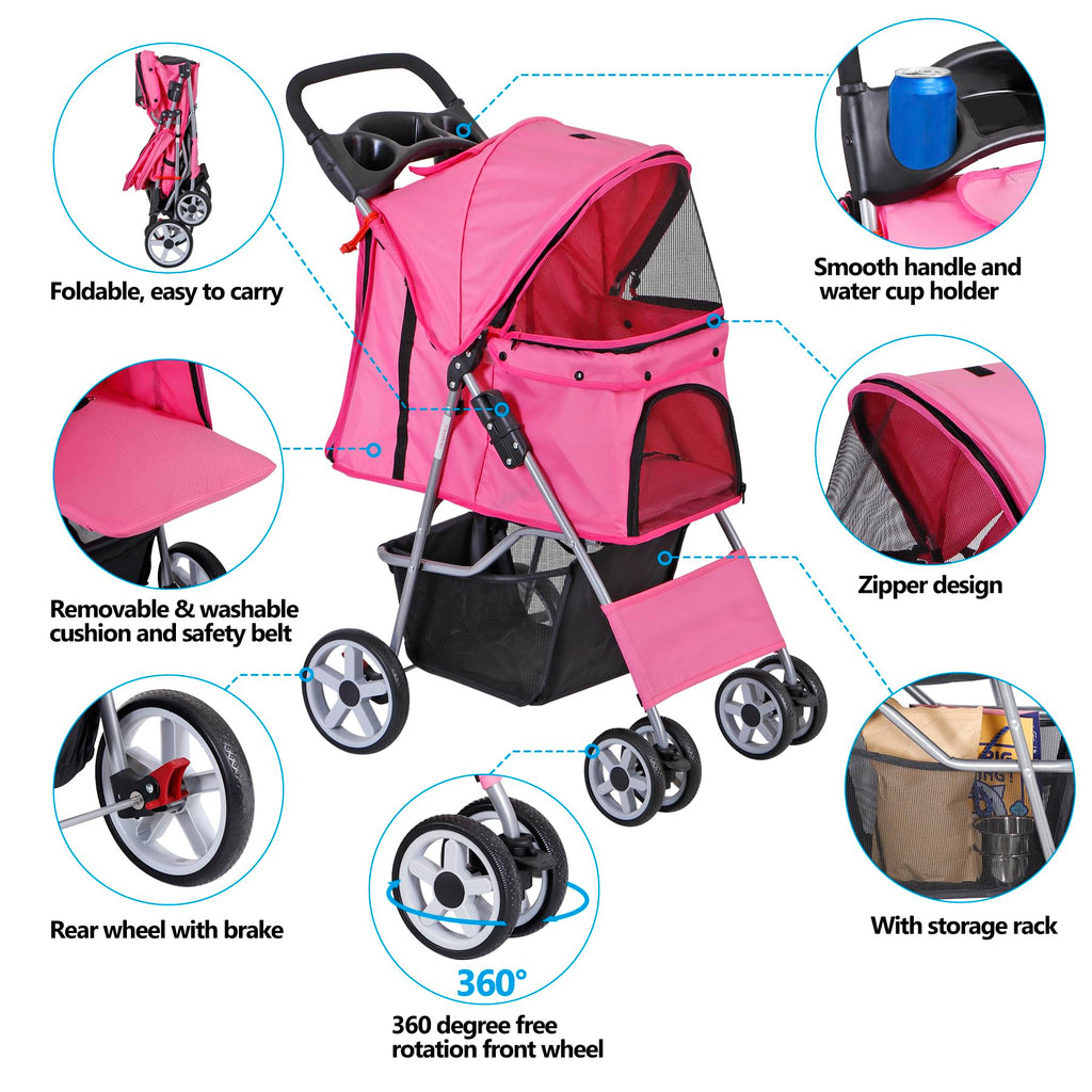 4 Wheels Folding Dog Stroller with Storage Basket, Pink V957