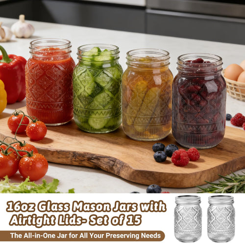 16oz Embossed Mason Jars 15-Pack with Airtight Lids X12609