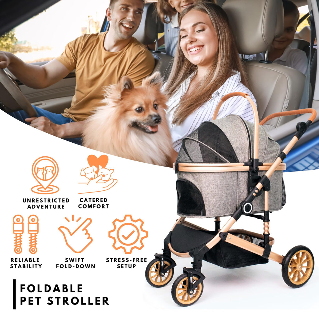 Dog Stroller with Detachable Carrier, Rubber Wheels, 50 lbs, Grey F55901