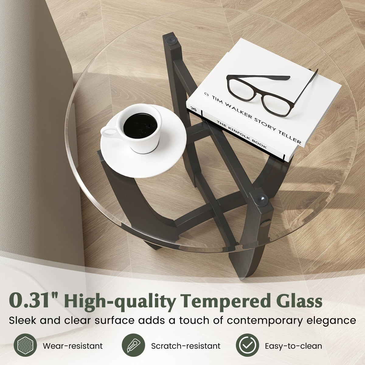 Glass Round End Table Set of 2, 23.5" Black C730