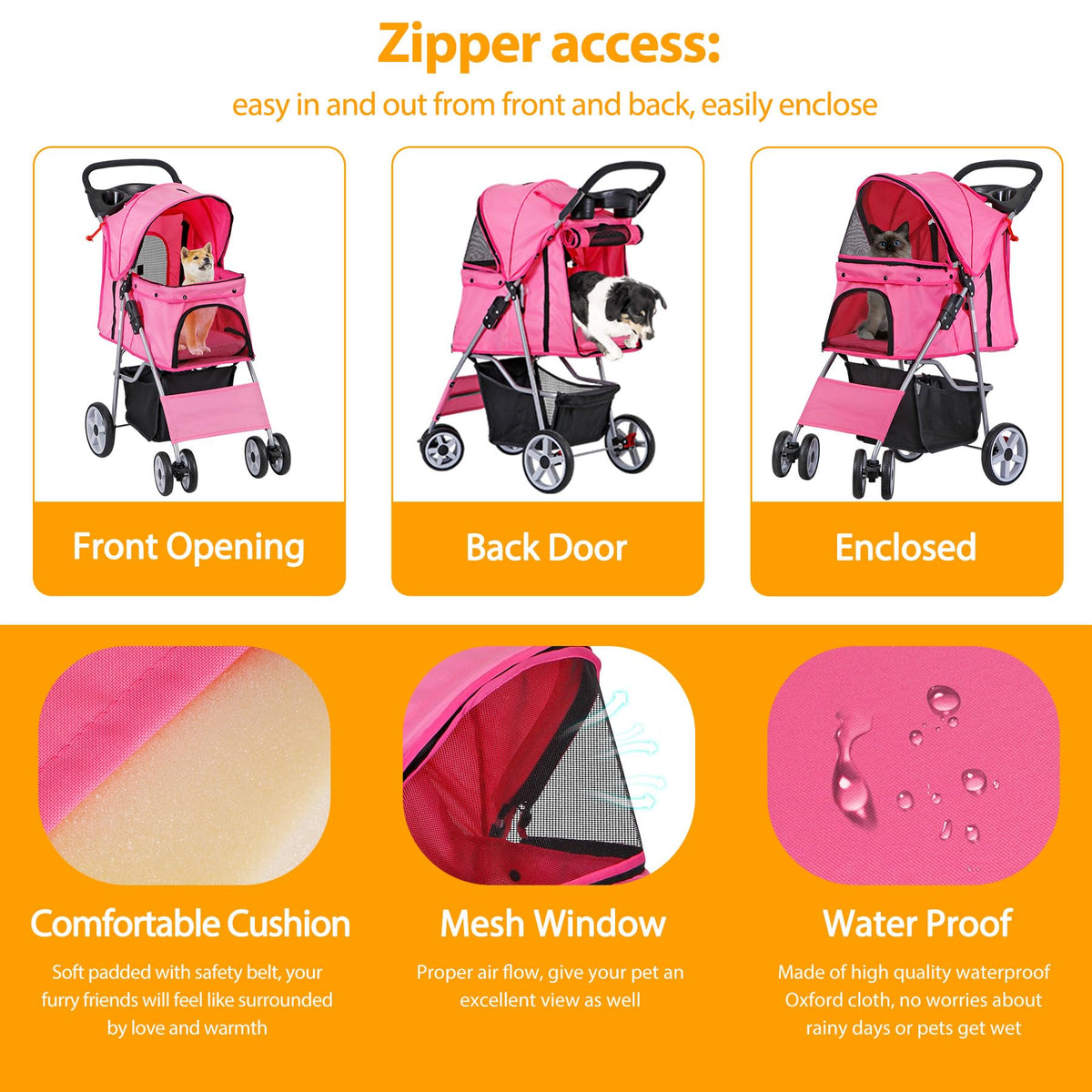 4 Wheels Folding Dog Stroller with Storage Basket, Pink V957