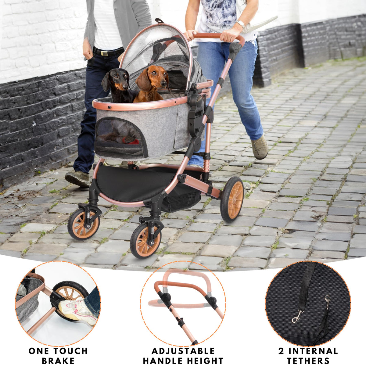 Dog Stroller with Detachable Carrier, Rubber Wheels, 50 lbs, Grey F55901