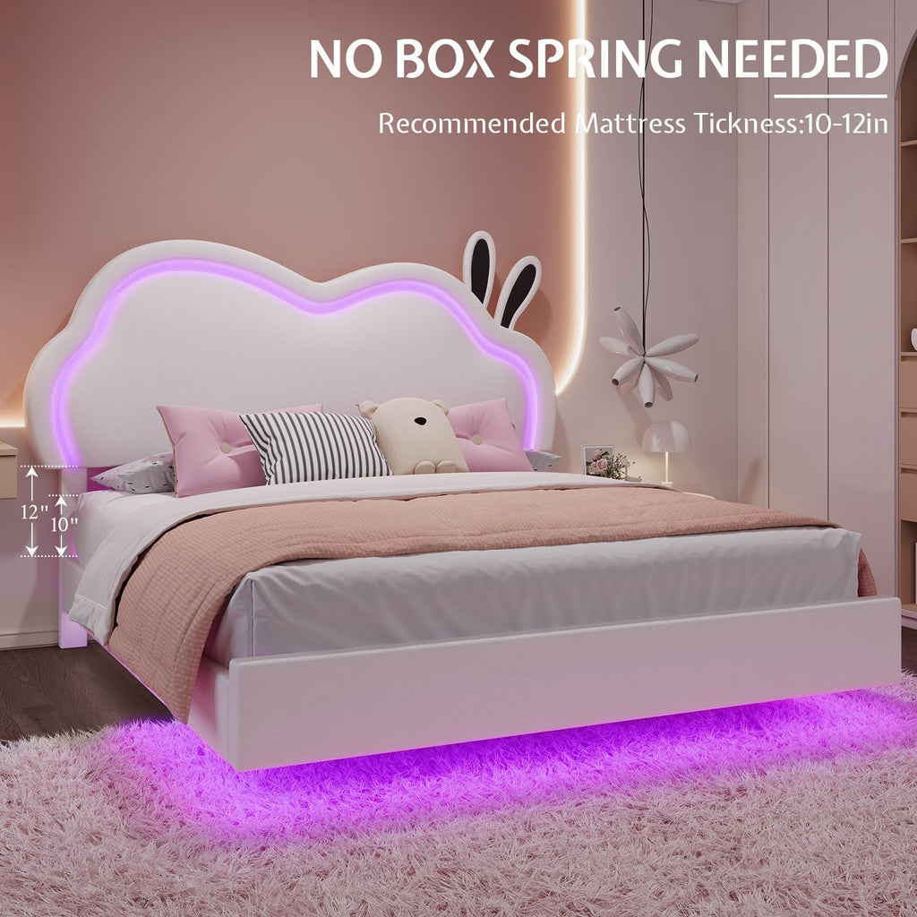 White Full Floating Bed Frame with Adjustable Headboard Q6730
