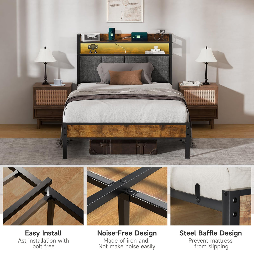 Twin Bed Frame with Upholstered Headboard V783963