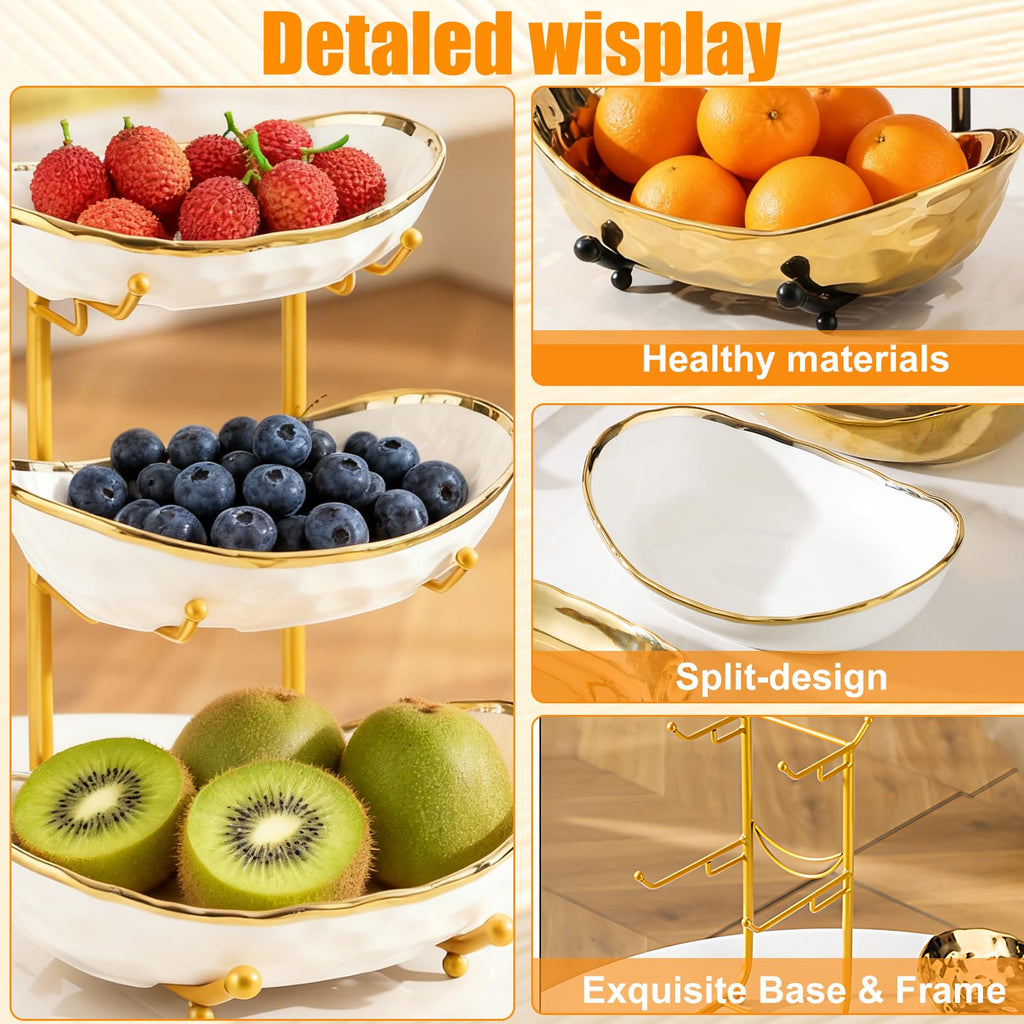 3 Tier Ceramic Fruit Bowl with Gold Metal Stand X73158