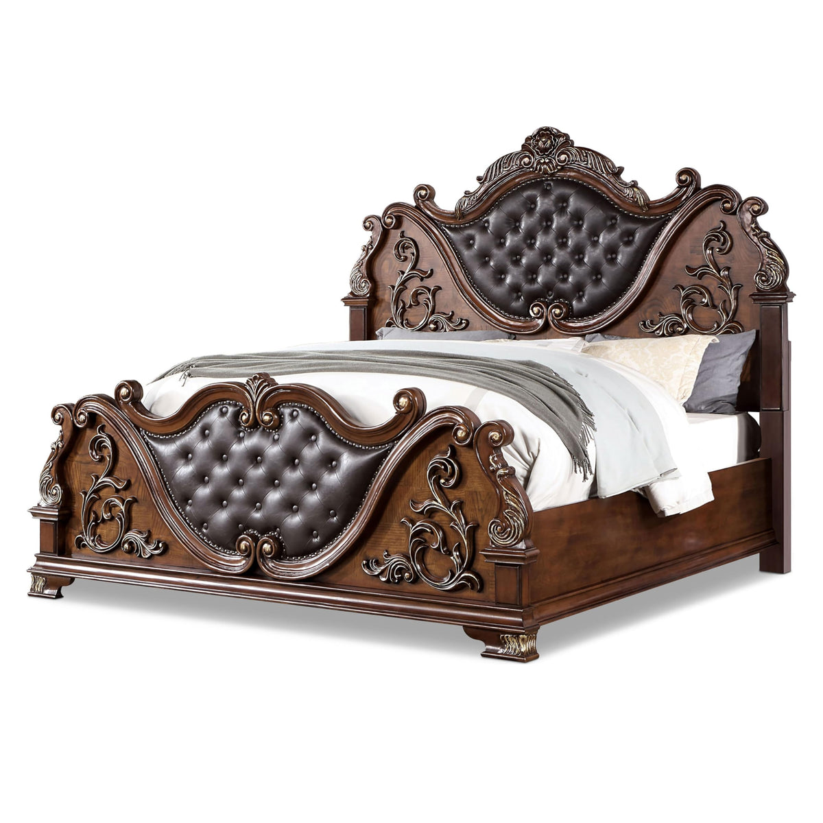 Brown Cherry California King-Size Wood Bed with Button-Tufted Headboard D563836