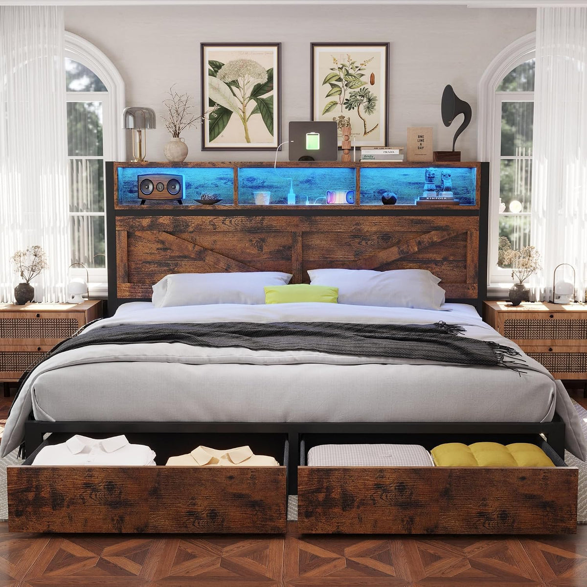 King Bed Frame with Storage Bookcase Headboard & Drawers, Brown U21935
