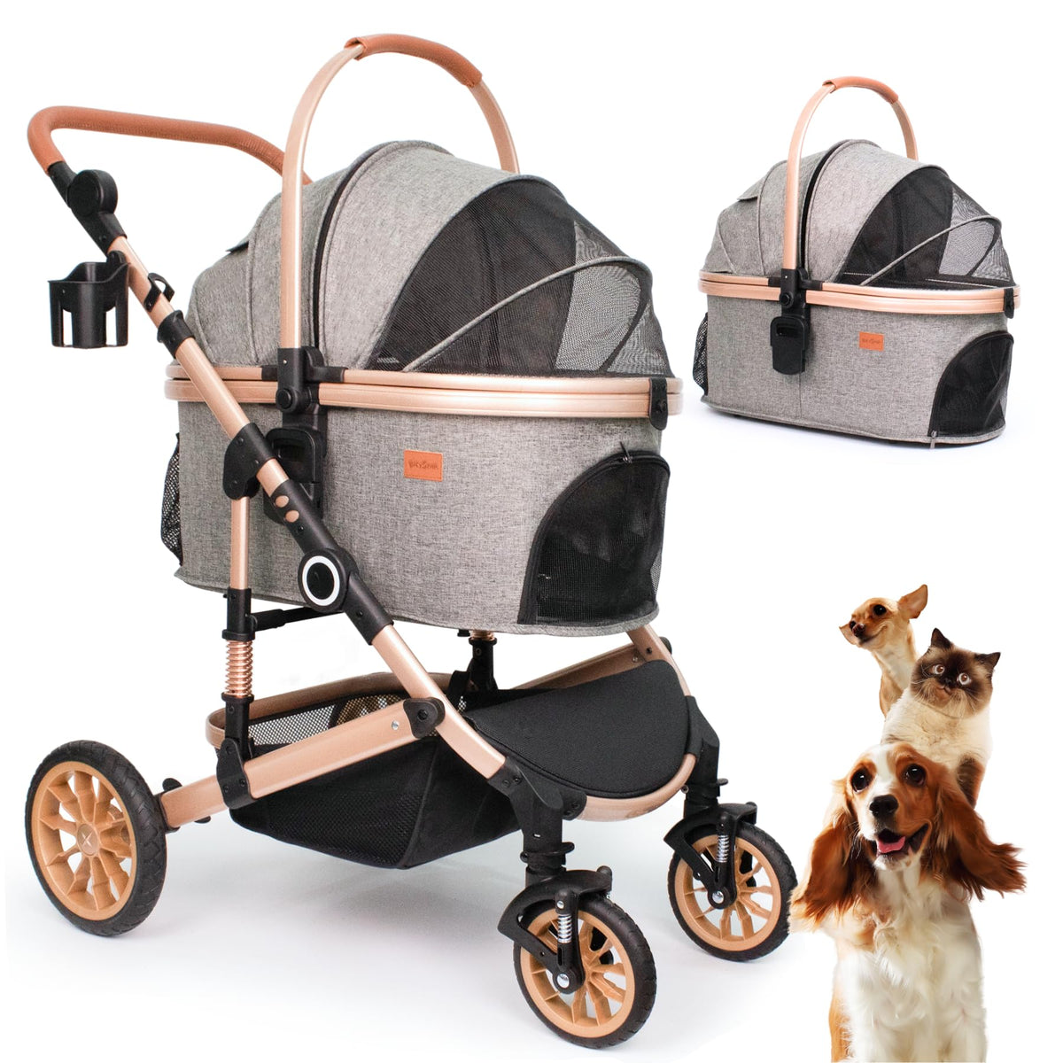 Dog Stroller with Detachable Carrier, Rubber Wheels, 50 lbs, Grey F55901