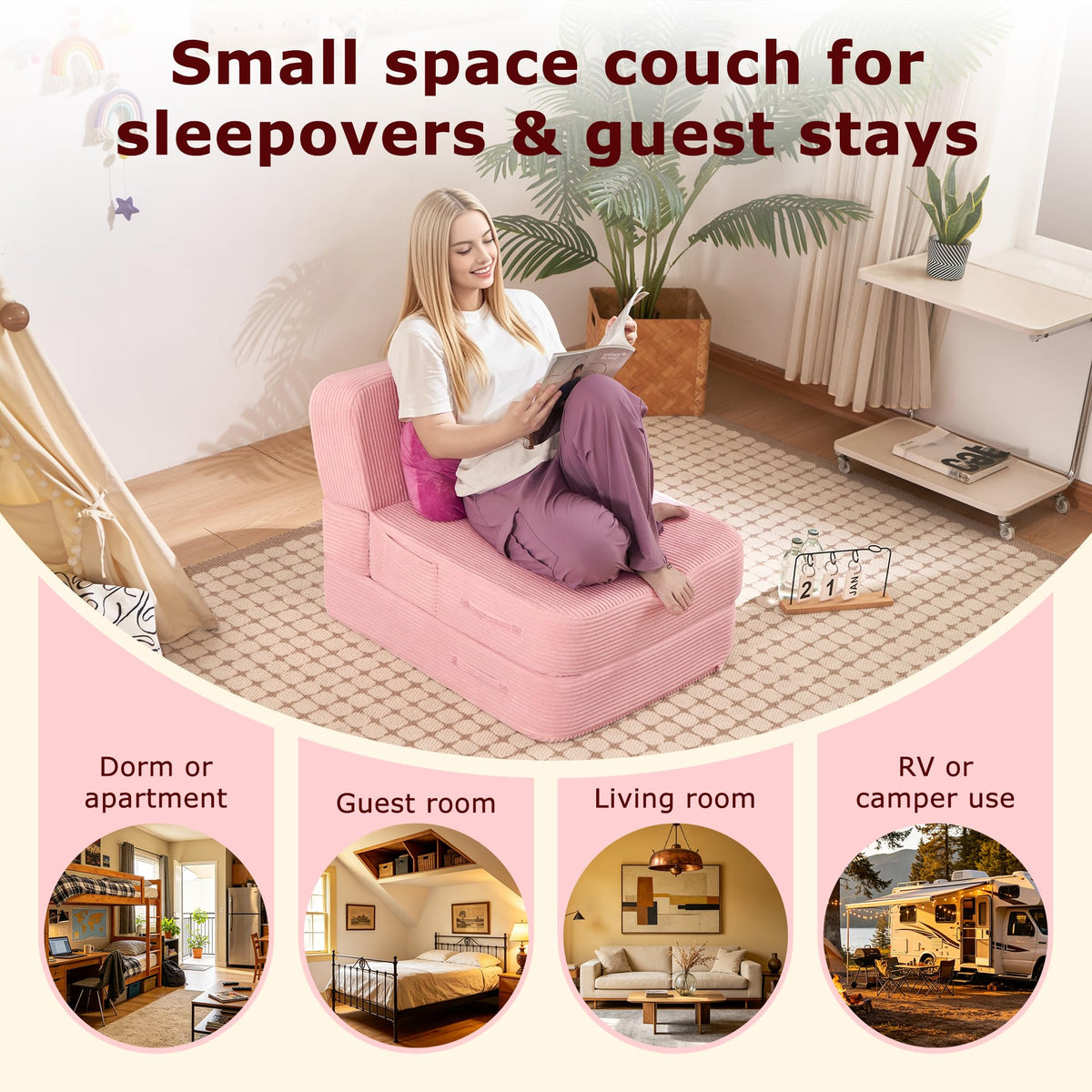Pink Folding Convertible Sofa Bed M1312
