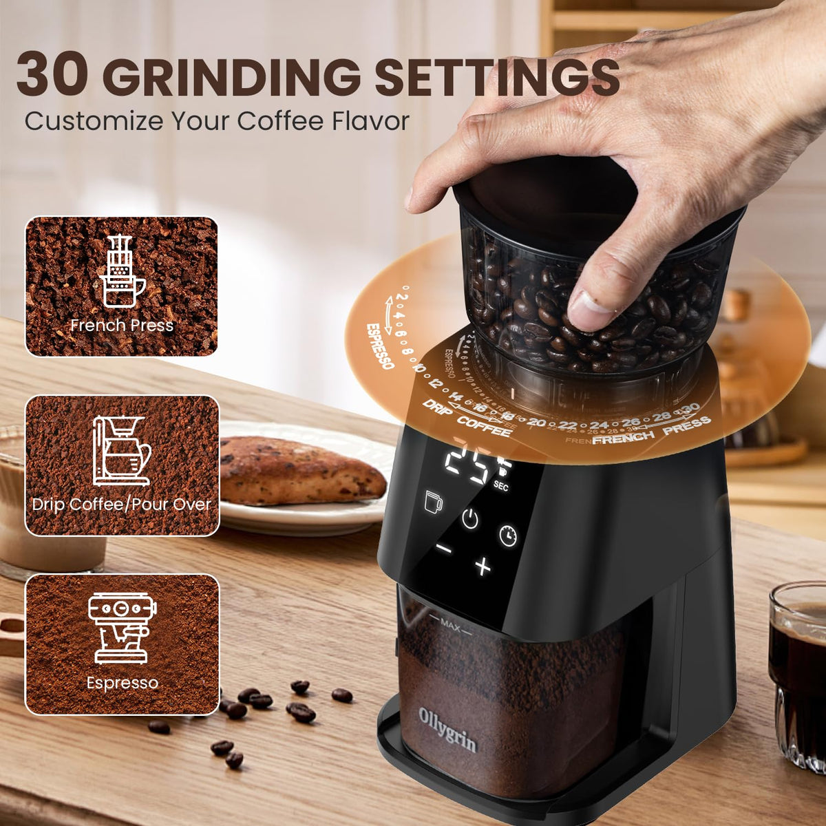 Electric Conical Burr Coffee Grinder, 30 Grind Settings, Black M9693