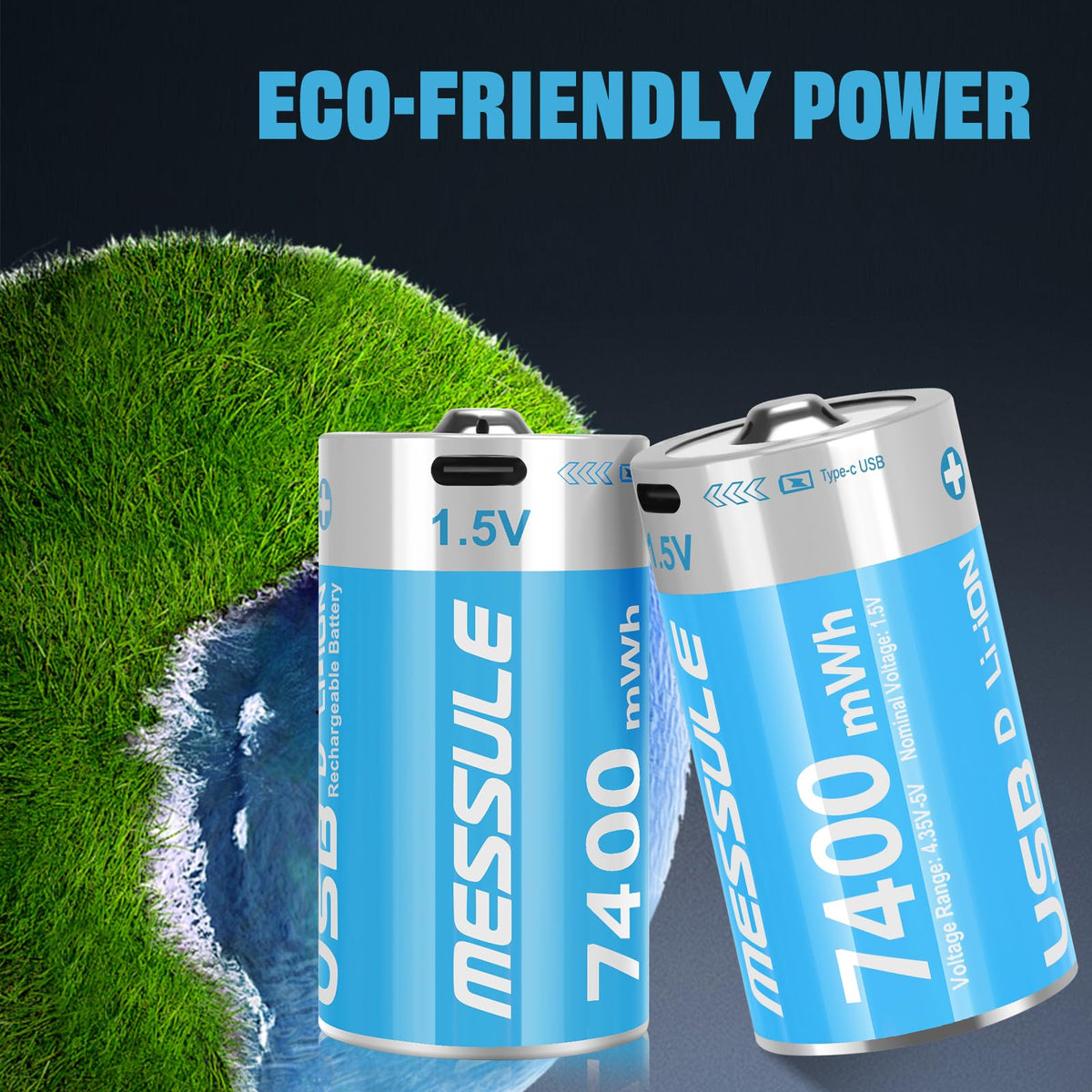 4 Pack 1.5V Rechargeable Lithium D Cell Batteries with USB-C Charge Cable M483
