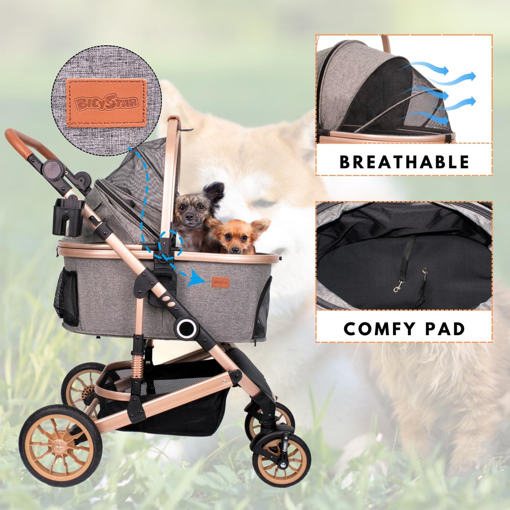 Dog Stroller with Detachable Carrier, Rubber Wheels, 50 lbs, Grey F55901